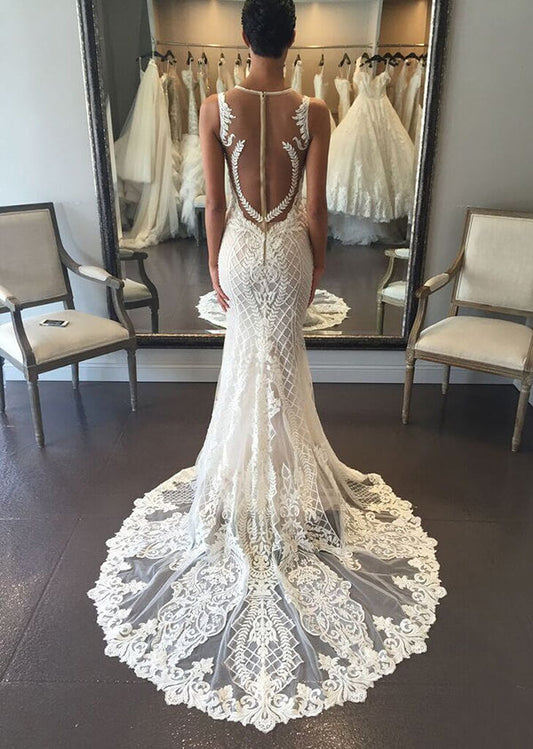 Lace Mermaid Wedding Gown with V-Neck and Court Train, WD2404122