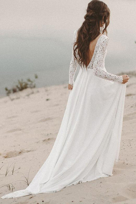 Ivory Lace Long Sleeves A-line Chiffon Bridal Wedding Gown, WD2308239