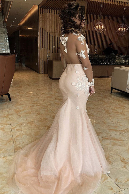 Pearl Pink Floral Backless Tulle Prom Dress with Long Sleeves, PD2305055