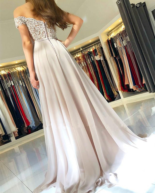 Dusty Rose A-Line Off-The-Shoulder Lace Beaded Button Chiffon Prom Dress , PD2310081