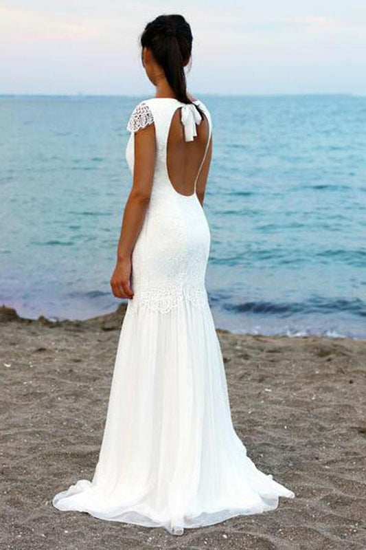 Elegant White Lace Beach Wedding Dress with Cap Sleeves, Scoop Neck, and Open Back,, WD2306261