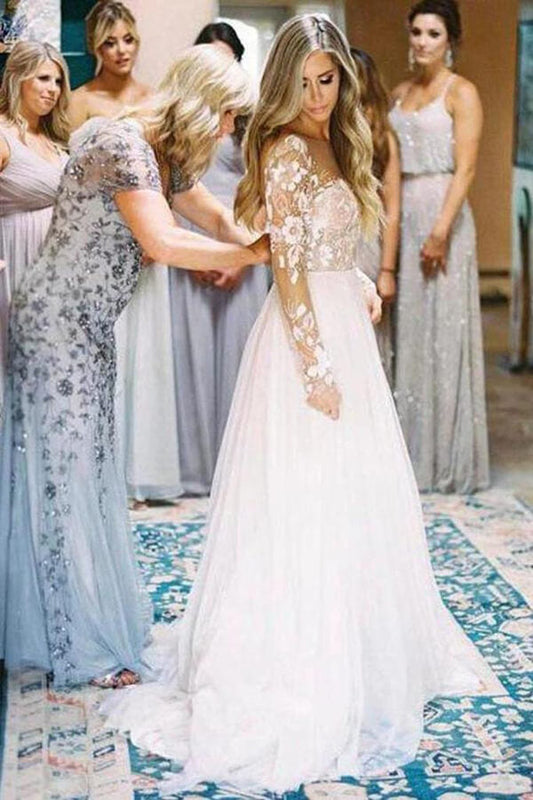 Lace Backless A-Line V-neck Long Sleeves Bridal Dress, WD2401298