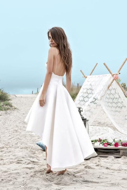 Chic White High-Low Wedding Dress with Sweetheart Neckline, Spaghetti Straps, and a Simple Design, WD2306260