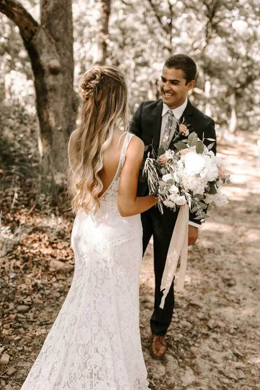 Lace Sheath Bridal Gowns with V-neck and Backless Design, featuring Train , WD2401316