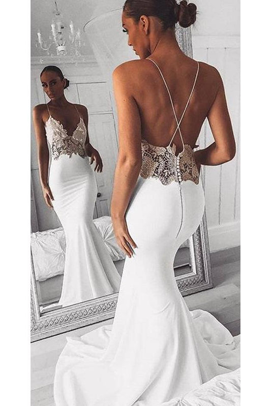 Long A-Line Prom Dress with Sexy Spaghetti Straps, Mermaid Beach Wedding Dress with Lace Embellishments, PD2308035