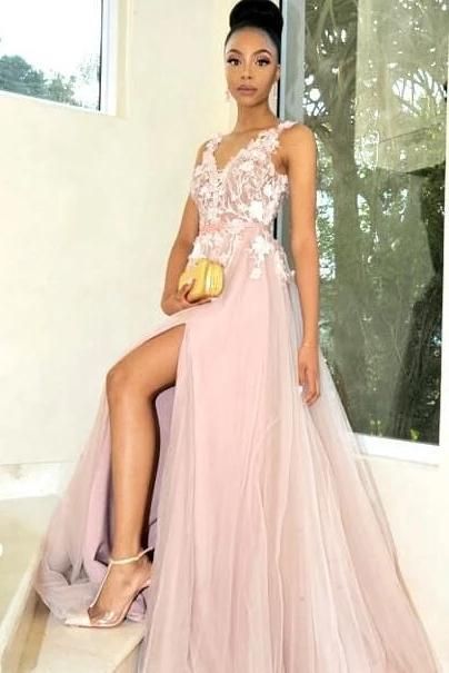 Blush Pink V-Neck Lace Side Slit Tulle A-Line Prom Dress, PD2310062