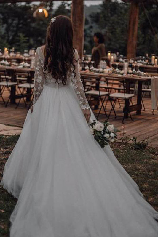 Boho Lace Applique Wedding Dress with Long Sleeves, WD2305036