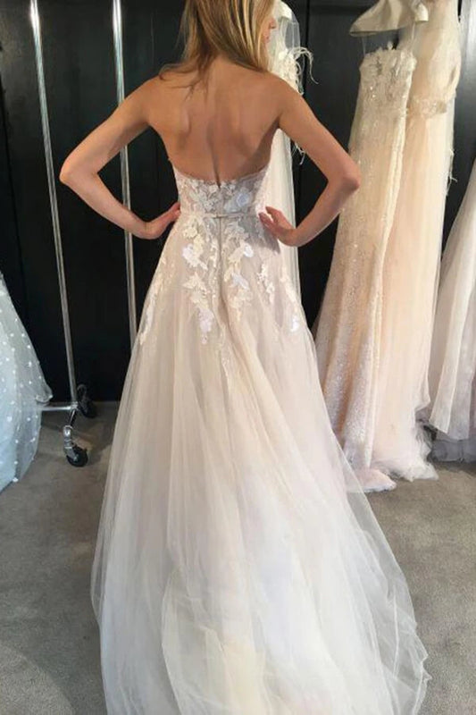 Strapless Ivory Tulle A-line Lace Wedding Dress, WD23110310