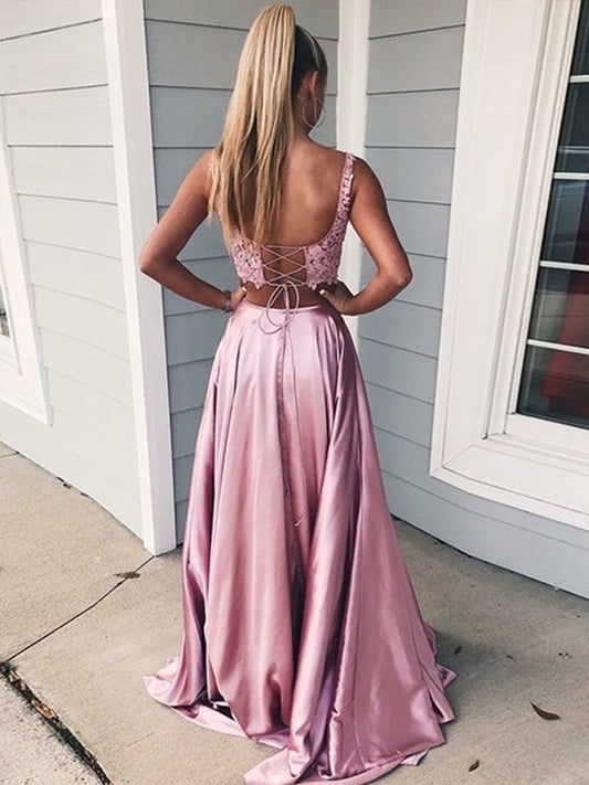 Two-Piece Illusion Lace Satin Dusty Rose A-line Prom Dress, PD2404044
