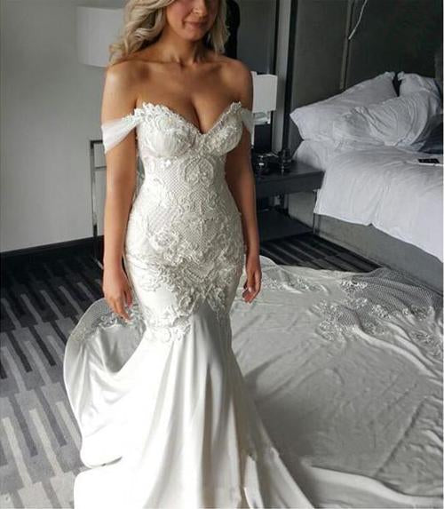 Sweetheart Off Shoulder Mermaid Wedding Dress with Sweep Train, WD2306275