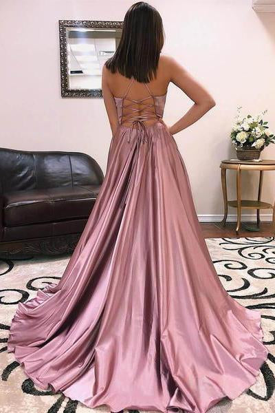 Dusty Rose Side Slit A-Line V Neck Elastic Satin Prom Dress, PD2306263