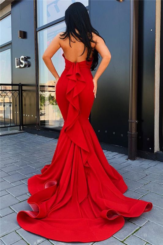 Red Satin Backless High Neck Mermaid Prom Dress, PD23050814