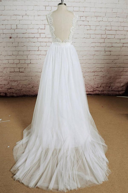 White Tulle Lace Halter V-Neck Wedding Dress with Sweep Train, WD2306278