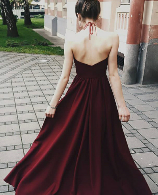 Burgundy Halter Backless Princess A-Line Prom Dresses, PD2305315