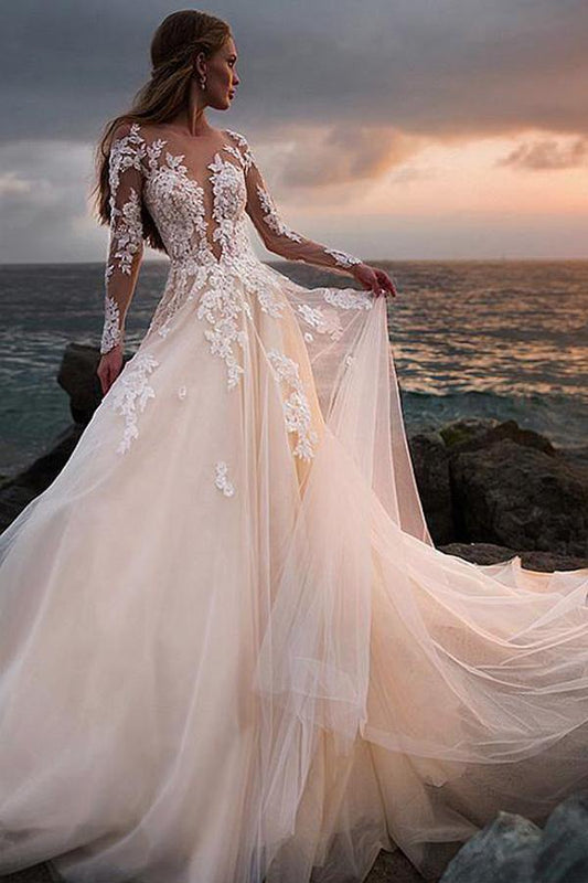 Ivory Illusion Neck Lace Long Sleeves Beach Wedding Dresses, WD2401255