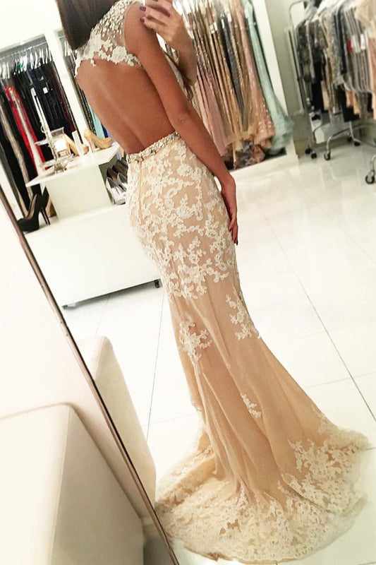 Champagne Mermaid Prom Dress with Capped Sleeves, Tulle Fabric, and Appliques, PD2306132