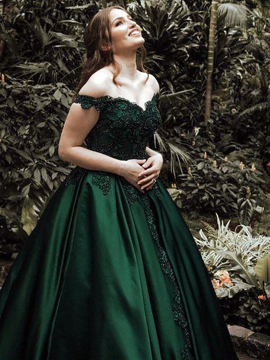 Classic Satin Dark Green Off-the-Shoulder Sweetheart Ball Gown Prom Dress, PD2308092
