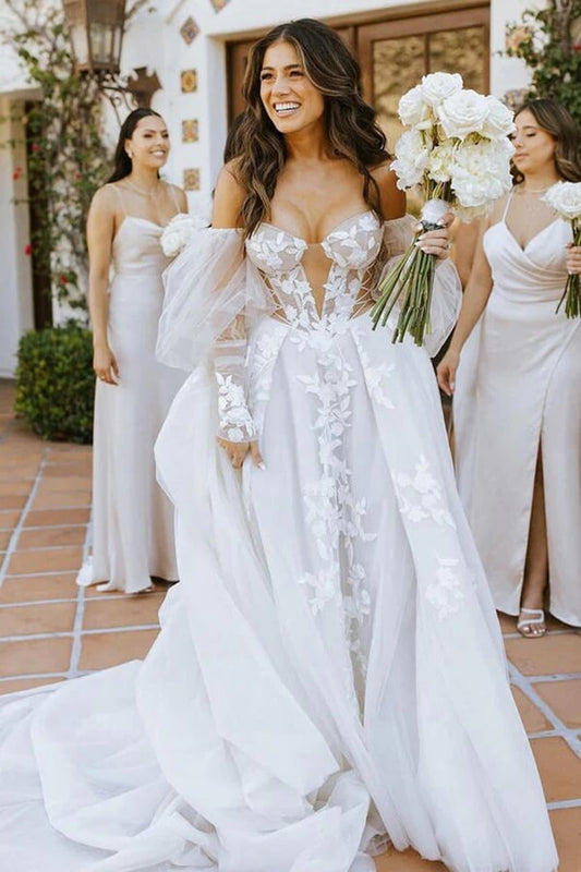 Bohemian Wedding Dress with Long Sleeves and Off-Shoulder Lace Appliques, WD2402012