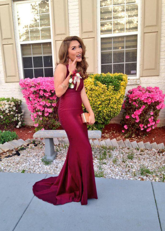 Red V-Neck Mermaid Satin Prom Dress, PD2310318