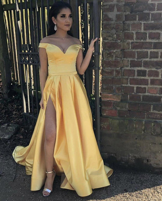 Satin Daffodil Off Shoulder Sweetheart Side Slit Long A-Line Prom Dress, PD2306210