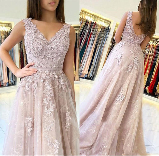 Dusty-Rose A-Line V Neck Sleeveless Applique Tulle Prom Dresses, PD2310038