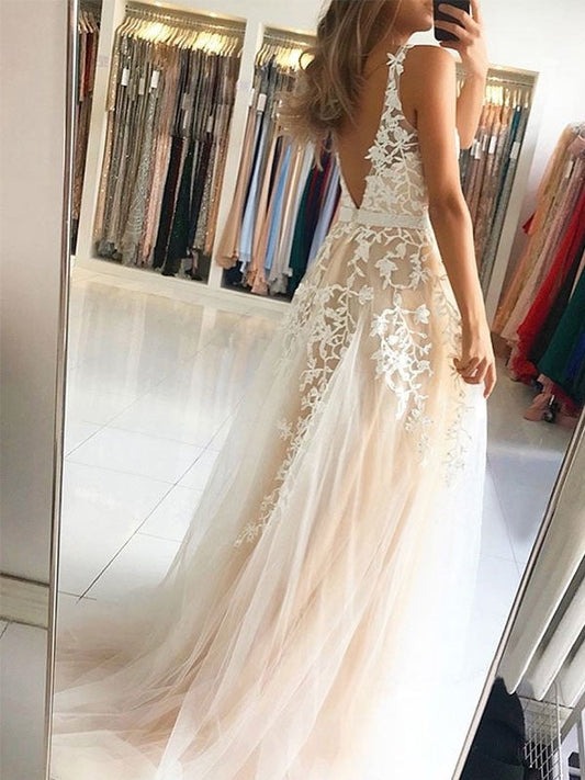 Champagne Backless V-Neck Tulle A-Line Prom Dress, PD2306016
