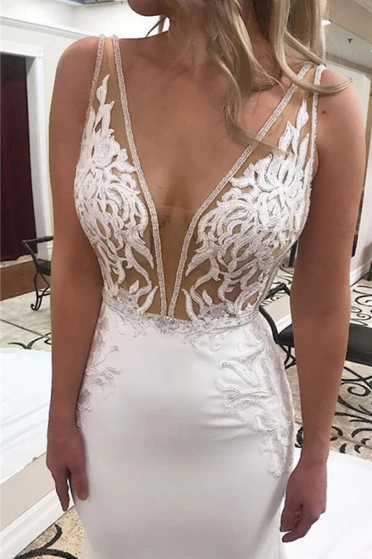 Mermaid Wedding Dress with Deep V-neck and Lace Appliques, Bridal Gown, WD24020110