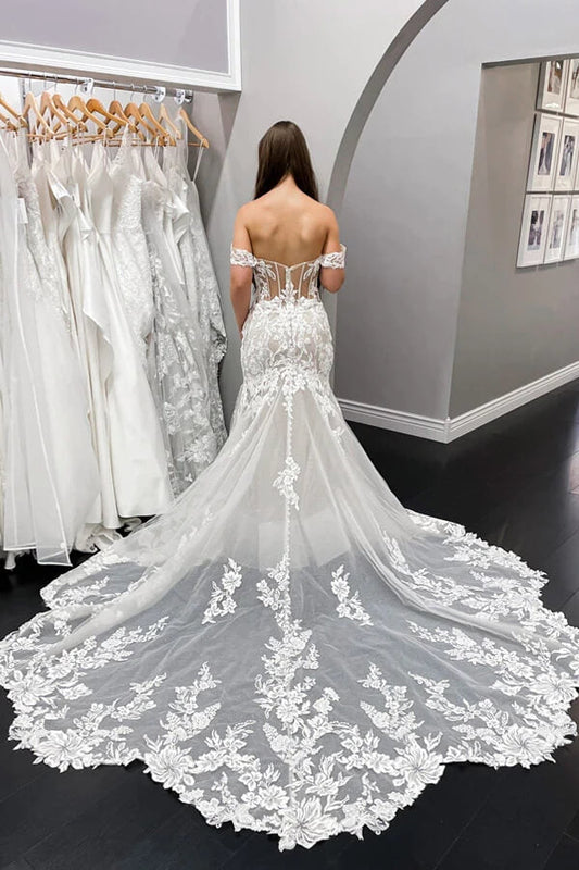 Vintage Lace Mermaid Bridal Gown with Off-the-Shoulder Design, WD24013110