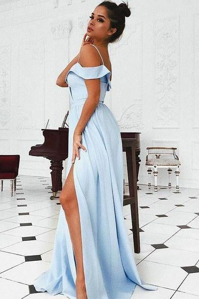 Trendy Pink Off-the-Shoulder Split Satin Prom Dresses, PD2308097