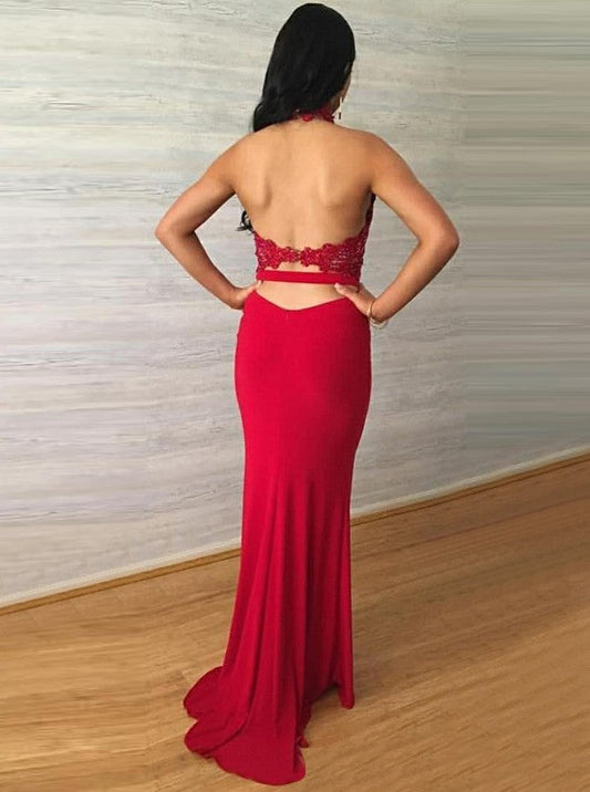 Striking Red Lace Backless High Neck Sheath Prom Dress, PD2305188