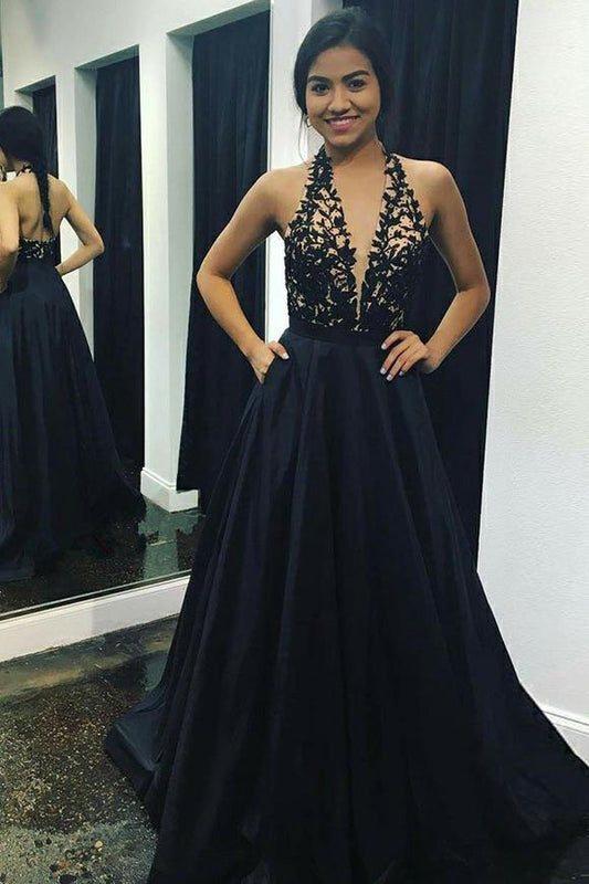 Elegant A-Line V Neck Halter Satin Pink With Appliques Backless Prom Dresses, PD2308304