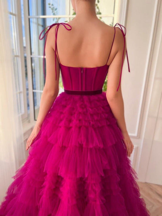 Sweetheart A Line Fuchsia Tiered Tulle Prom Dresses, PD25030