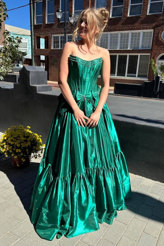 A Line Dark Green Scoop Neck Satin Prom Dresses, PD25002