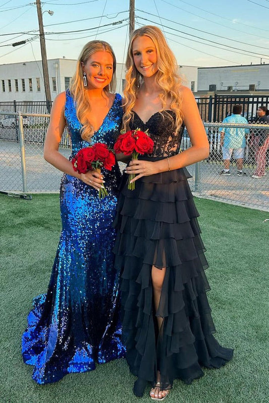 Sweetheart A Line Black Chiffon Tiered Long Prom Dresses with Slit, PD25045