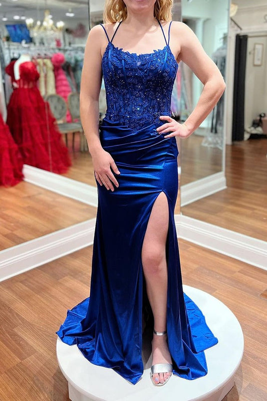 Scoop Neck Royal Blue Satin Mermaid Long Prom Dress with Appliques, PD25192