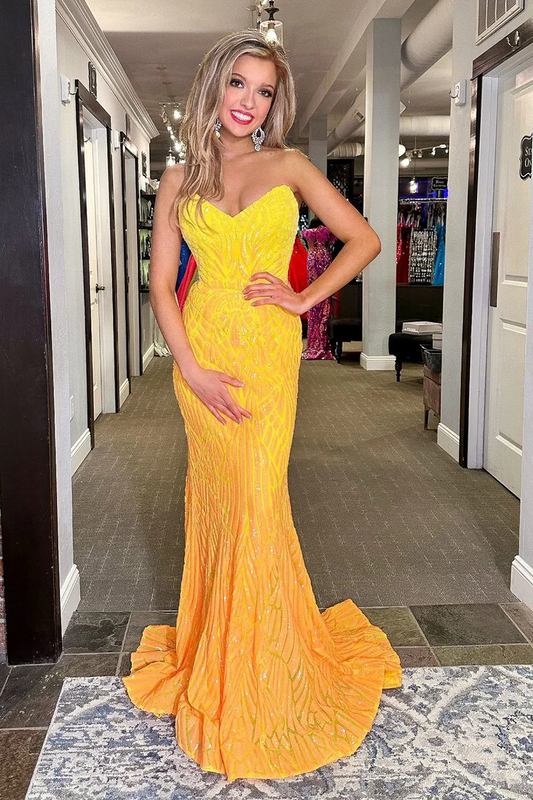 Yellow Strapless Sequin Prom Dress - Long Elegant Mermaid Evening Gown, PD2404075