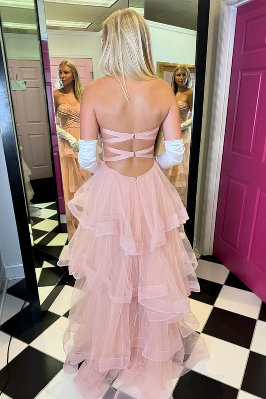 Strapless A Line Blush Pink Ruffle Tiered Tulle Prom Dresses, PD25072