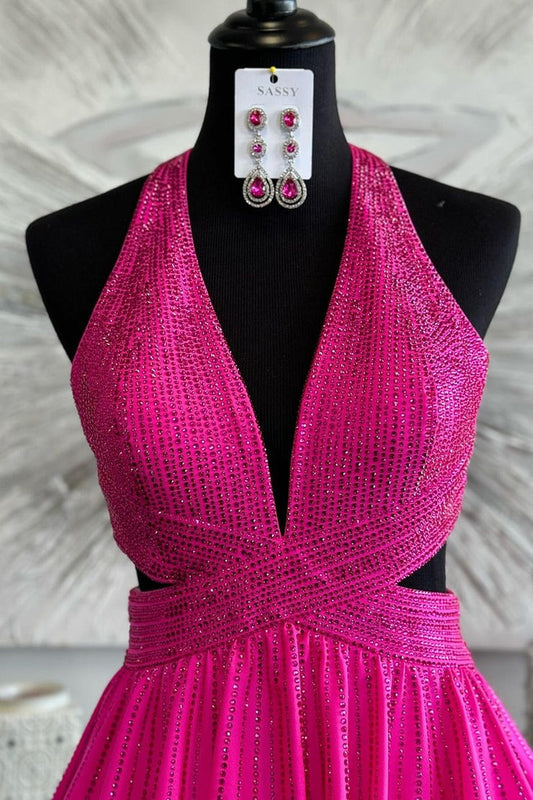 Fuchsia A Line V Neck Beading Prom Dress with Slit, PD25250