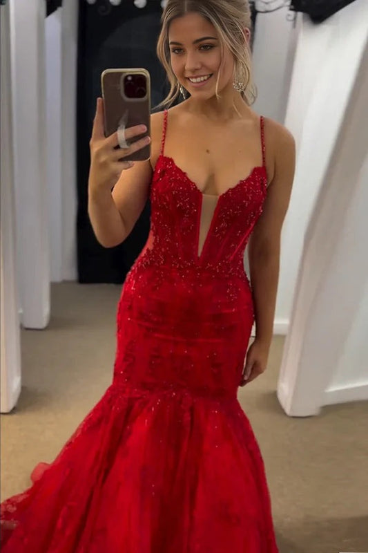 Lavender Sequins Tulle Mermaid V Neck Prom Dresses with Appliques, PD25253