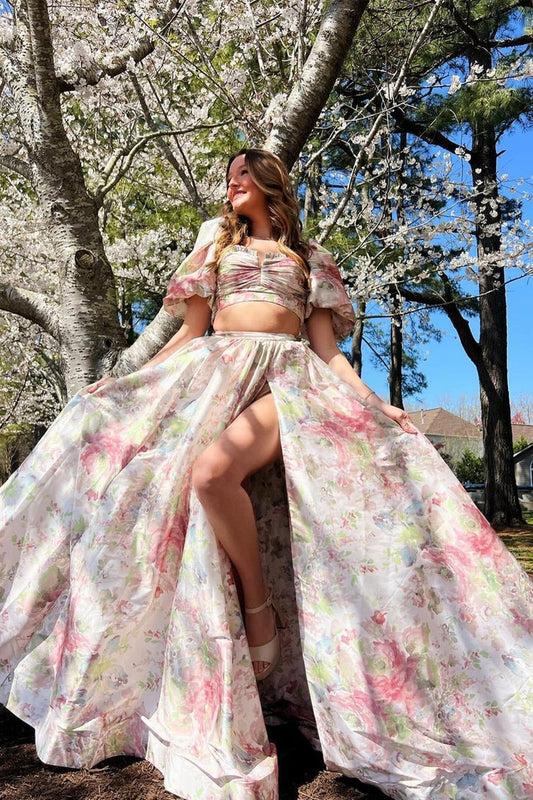 Two Piece Princess Floral Printed Long Prom Dresses with Slit, PD25194