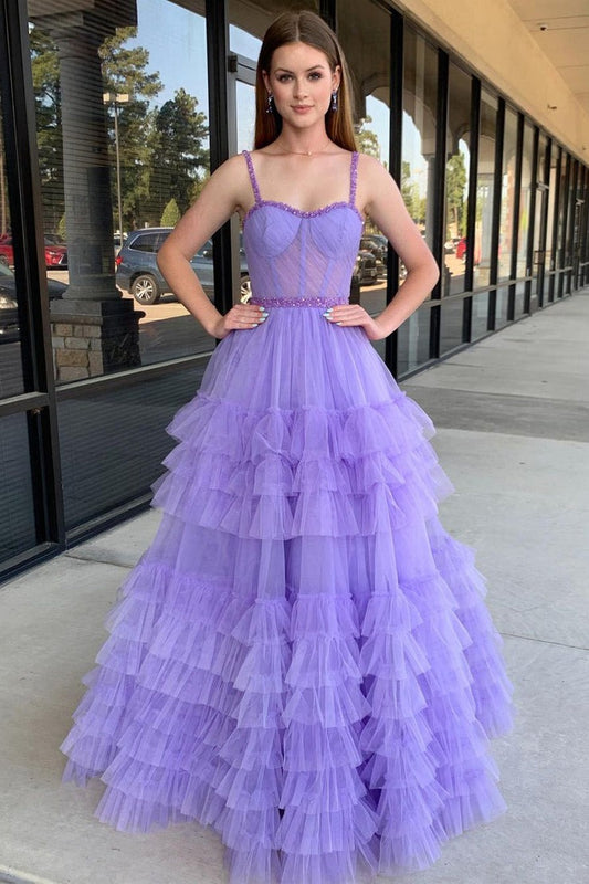 Sweetheart A-Line Lilac Tulle Long Prom Dresses with Beading, PD25188