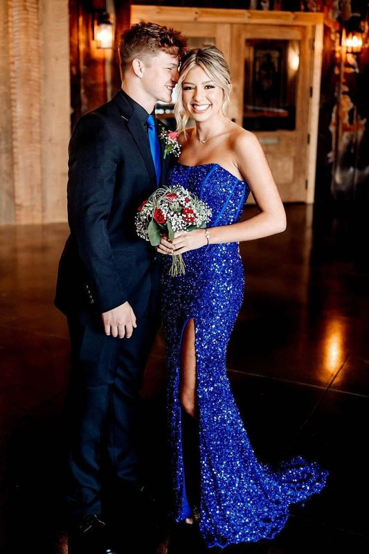 Royal Blue Strapless Sequins Mermaid Long Prom Dress with Slit, PD25209