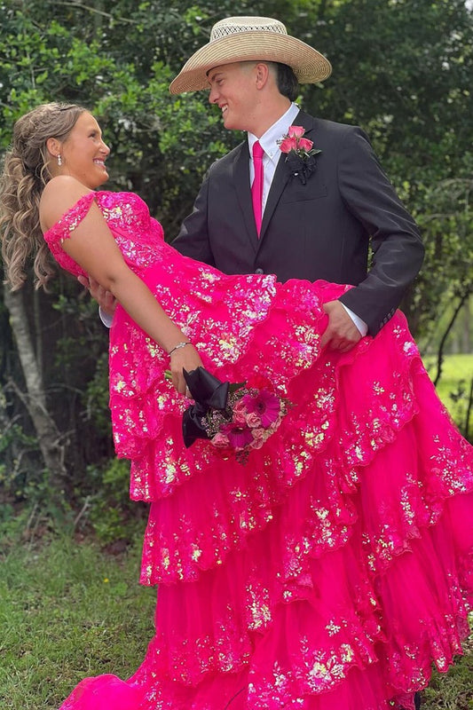 Off the Shoulder A Line Sequins Tiered Long Prom Dresses with Slit, PD25071