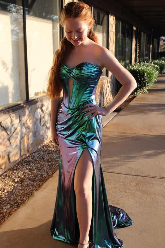 Mermaid Sweetheart Keyhole Metallic Satin Slit Prom Dresses, PD25264