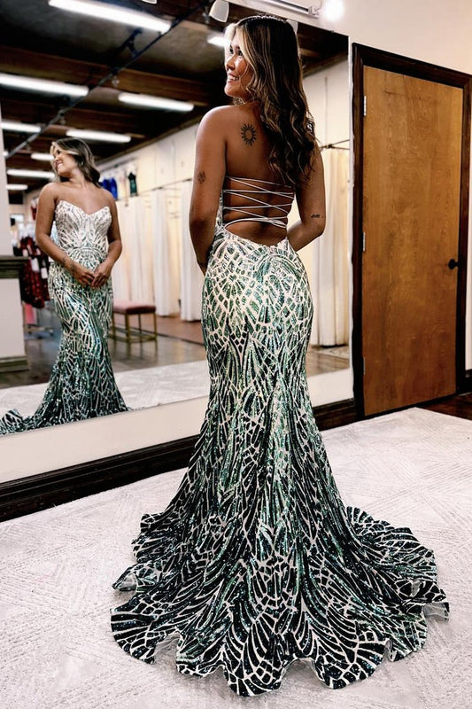 Strapless Mermaid Green Sequins Long Prom Dress, PD25144