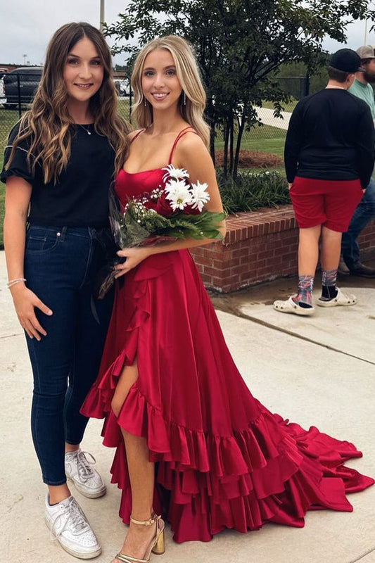 Scoop Neck A Line Dark Red Satin Prom Dresses with Slit, PD25051