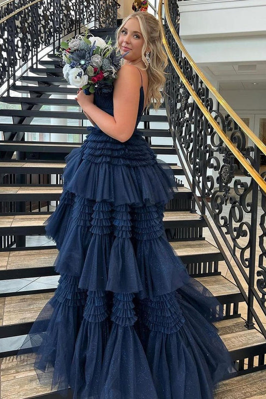 V Neck Navy Blue Ruffle Tiered Tulle Prom Dress with Slit, PD25147