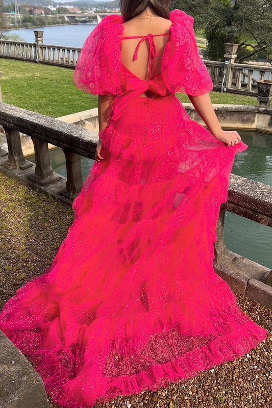 Sweetheart Fuchsia Ruffle Tiered Tulle Prom Dress with Slit, PD25138
