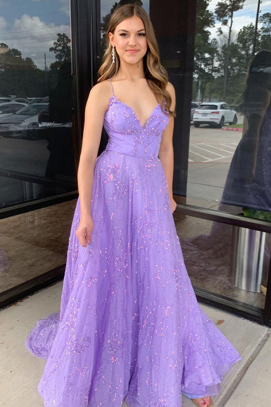 V Neck A-Line Lilac Tulle Long Prom Dresses with Appliques, PD25185