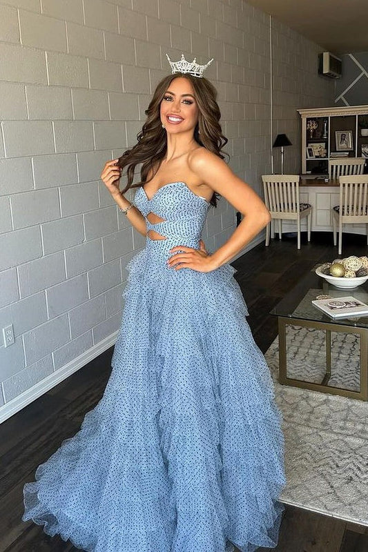 Strapless Tiered Polka Dots Long Prom Dresses, PD25092